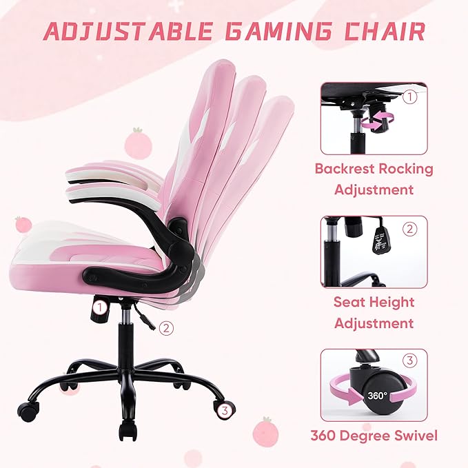Heavy Duty Gaming Chair Ergonomic Gamer for Home Office with Lumbar Support Adjustable Backrest Flip-Up Armrest and Stable 360° Swivel Wheels for Adults Professional Gamers and Teens Pink-White