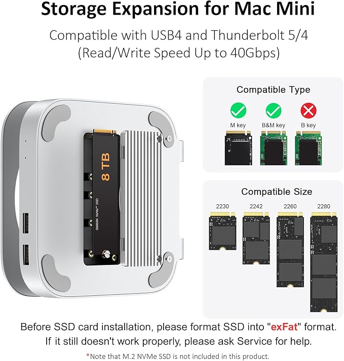 40Gbps USB4 Hub &amp Stand for Mac mini M4/M4 Pro All-Aluminum Docking Station with 40Gbps M.2 SSD (NVMe PCle) Enclosure 3*USB 2.0 3.5mm Audio USB4 Host | Mac mini M4 USB-4 Dock