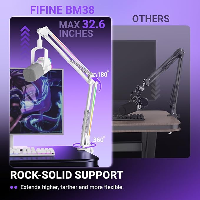 FIFINE Studio Microphone and RGB Mic Arm Bundle XLR/USB Podcast Mic with Tap-to-Mute &amp Monitoring Heavy Duty Desktop Boom Arm with RGB Control for Podcast Streaming Recording-K688W+BM38W