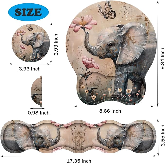 Keyboard Wrist Support + Wrist Mousepad + Coaster Combination Non-Slip PU Base with Gel Memory Mousepad Suitable for Gaming Office Pain Relief Mousepad Set - Cute Little Elephant Flower