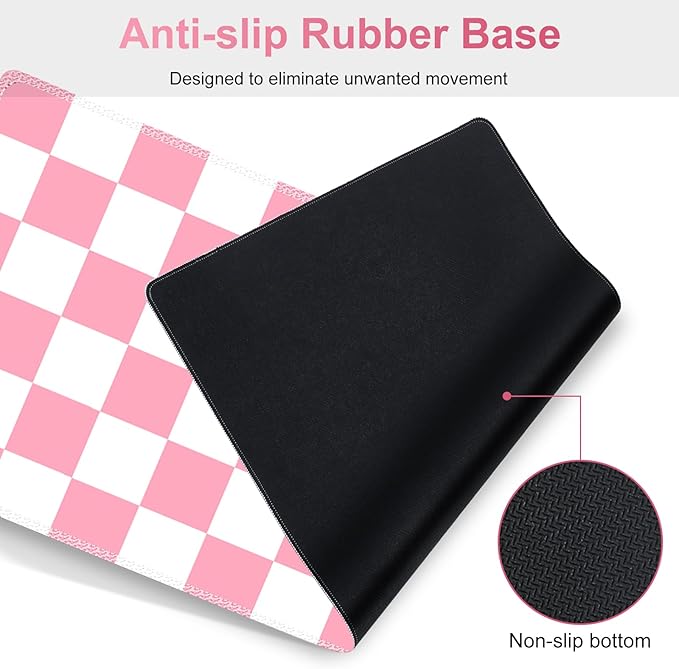 Pastel Pink White Checker Mouse Pad Set 4 in1 Ergonomics Keyboard Desk Mat with Memory Foam Wrist Rest Extended Game Mousepad Non-Slip Large Gaming Desk Pad Matt Easy Typing Pain Relief