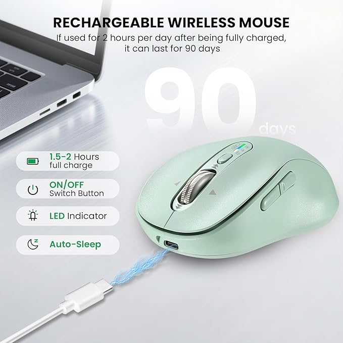 Wireless Bluetooth Mouse RechargeableMulti Device Ergo Computer Mouses4-Way Super Scrolling± 3200 DPI10 ButtonsPlug&ampPlayQuietUSB Cordless Mice for LaptopTabletMaciPadPCPhone (Green+Bla