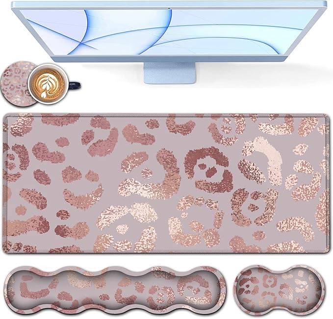 Rose Gold Leopard Pink XXL Mouse Mat - 31.5x11.8in Waterproof Gaming Mouse Pad with Ergonomic Memory Foam Wrist Rest Support for Home Office