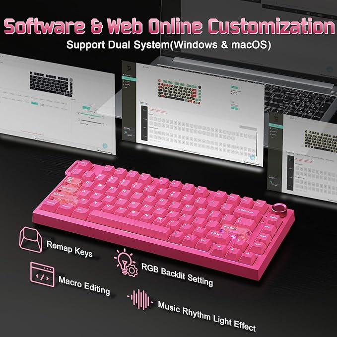 YUNZII RT75 PRO Wireless Gaming KeyboardHall Effect Mechanical Rapid Trigger Magnetic Keyboard Bluetooth/USB-C/2.4G Dual 8KHz Polling Rate &amp128K ScanRGB BacklitTGL/SOCD/DKS/MT (PinkRed Switch)