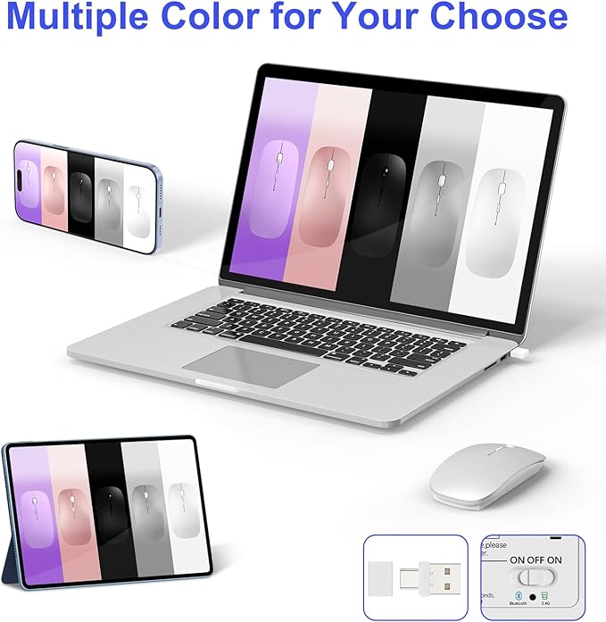 Bluetooth Wireless Mouse for MacBook Air Mac Pro iPad Laptop Computer Pad Optical Rechargeable Slim Silent Dual Mode (2.4G USB-C/USB-A&ampBluetooth 5.2/3.0) Mouse Jiggler for Computer Awakening - Sil