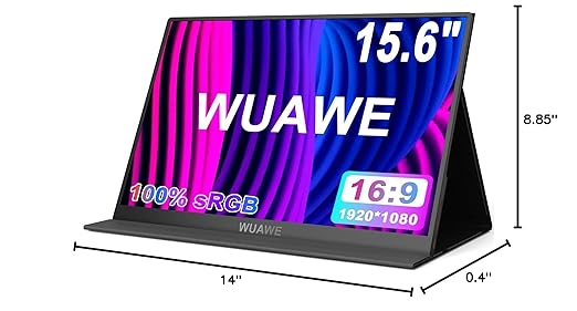 WUAWE 15.6 Inch Portable Monitor with Cover Stand 1080P FHD 60Hz External Second Computer Monitor with Speaker HDMI USB-C for PC Mac Phone PS5 Switch Xbox PS4/5.