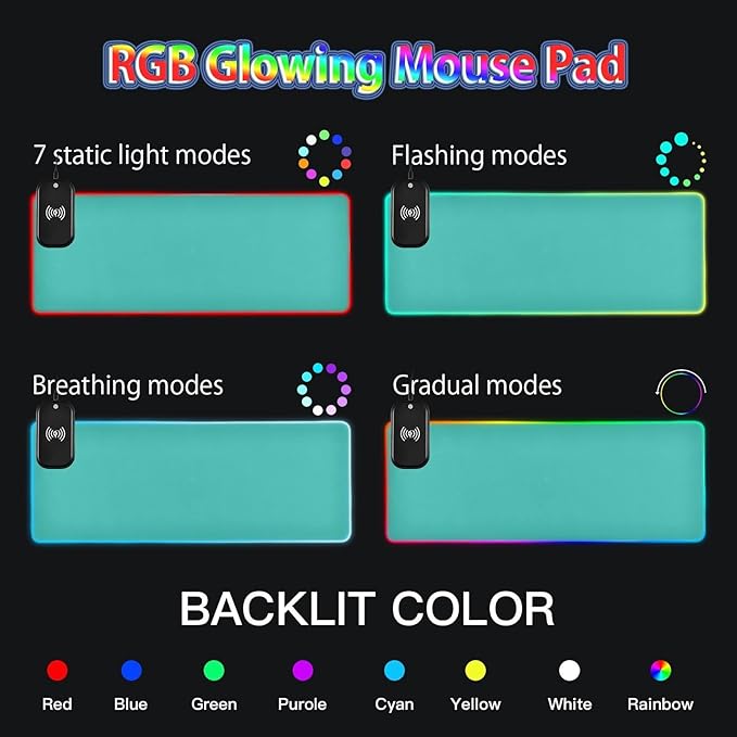 Teal Mouse Pad Gaming Mousepad Non Slip Desk Mat Wireless Charging RGB Computer Mouse Pads Keyboard Pad Mats for Desktop Home Office 35.4 x 15.7 in