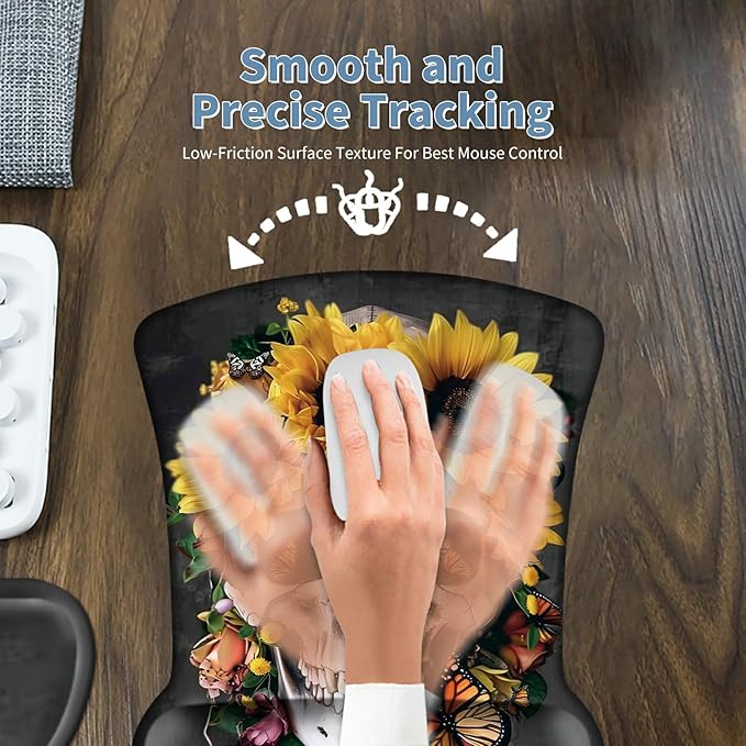 Keyboard Wrist Rest and Mouse Wrist Rest Pad Set Made of Memory Foam with Non Slip Rubber Base Ergonomic Gel Wrist Rest for Computer Keyboard Gaming Office Working with Skull Sunflower Coaster