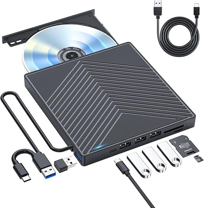 External DVD CD Drive USB 3.0 and Type-C External CD/DVD Drive DVD Burner with SD/TF Card Burner and 4 USB [7 in 1] External DVD Drive for Windows/Linux//Laptop/Desktops/PC