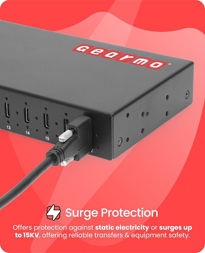 Gearmo Rugged 16 Port USB 3.2 Gen 2 Type-C Hub 10Gbps Rack Mount ESD Surge Protection