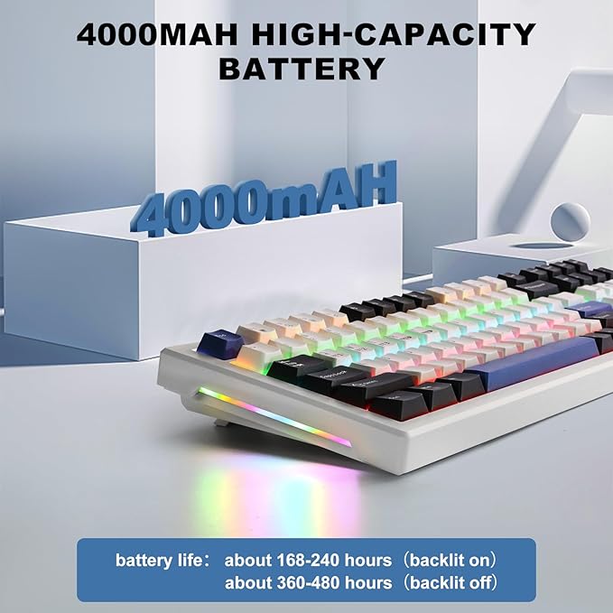 Wireless Mechanical Keyboard BT5.0/2.4GHz/USB Multi-Color LED with 18+ Modes Hot-Swappable Custom Keyboard Red Creamy Switches Gaming Keyboard for PC/Mac (Blue White)