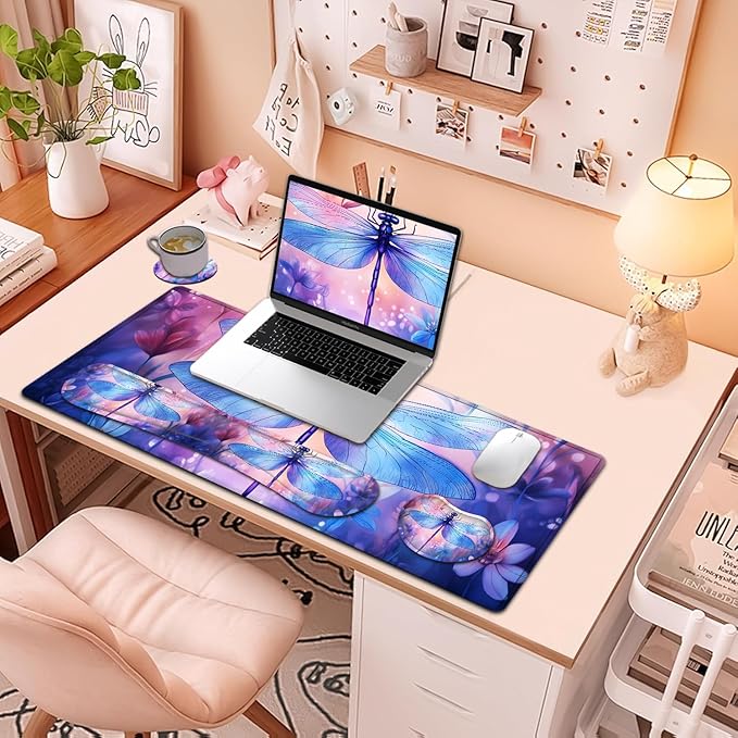 Large Mouse Pad + Keyboard Wrist Rest Set Extended Gaming Mousepad (31.5X11.8 inch) with Non-Slip Rubber Ergonomics Memory Foam Mouse Wrist Rest Support Watercolor Dragonfly XXL Desk Pad