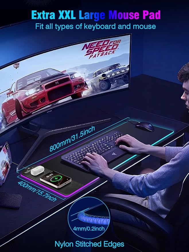 Miroddi RGB Mouse Pad with Wireless Charging Gaming Mousepad 31.5x15.75 Extra Large Desk Mat 13 Light Modes Non-Slip Rubber Base Ultra-Smooth Surface Keyboard Mat for PC MacBook Laptop