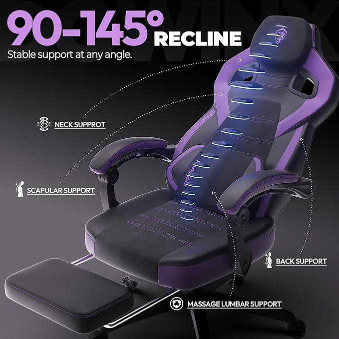 Dowinx PU Leather Gaming Chair with Footrest Big and Tall Ergonomic Computer Chair with Lumbar Support Wide Back Gamer Chair for Heavy People Purple