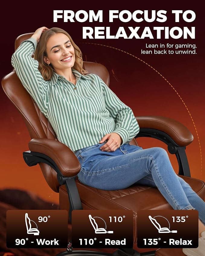 GTPLAYER Big and Tall Gaming Chair with Footrest Ergonomic Office Desk Chair with 4.4in Thick Cushion and Wide Wingless Seat Comfortable Leather Computer Chair Predator Series Chocolate Brown