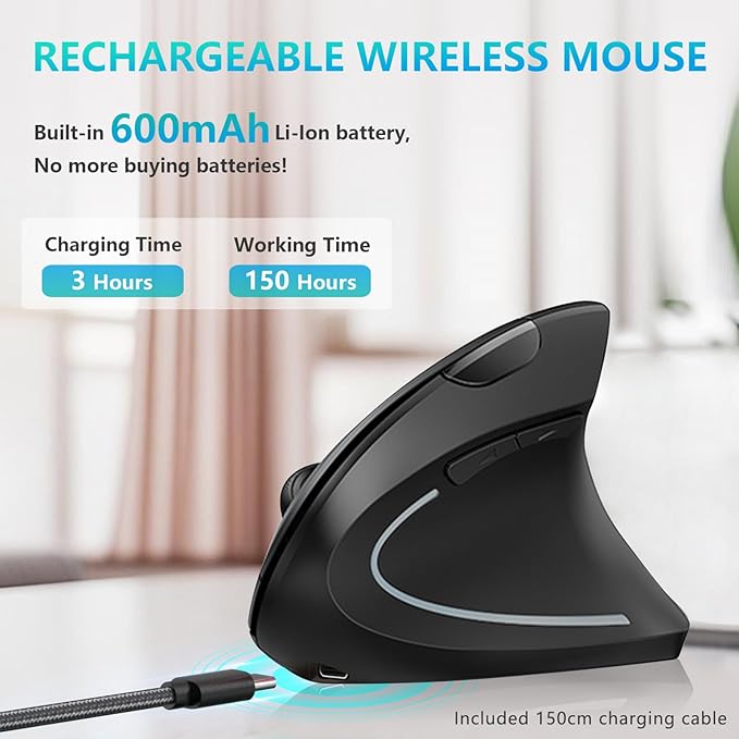 Lekvey Ergonomic Mouse USB C Wireless Vertical Mouse Dual Mode Rechargeable USB-A &amp Type-C Ergo Mouse 1600 DPI Relieves Wrist Pain and Carpal Tunnel for Laptop Computer Mac MacBook PC Black
