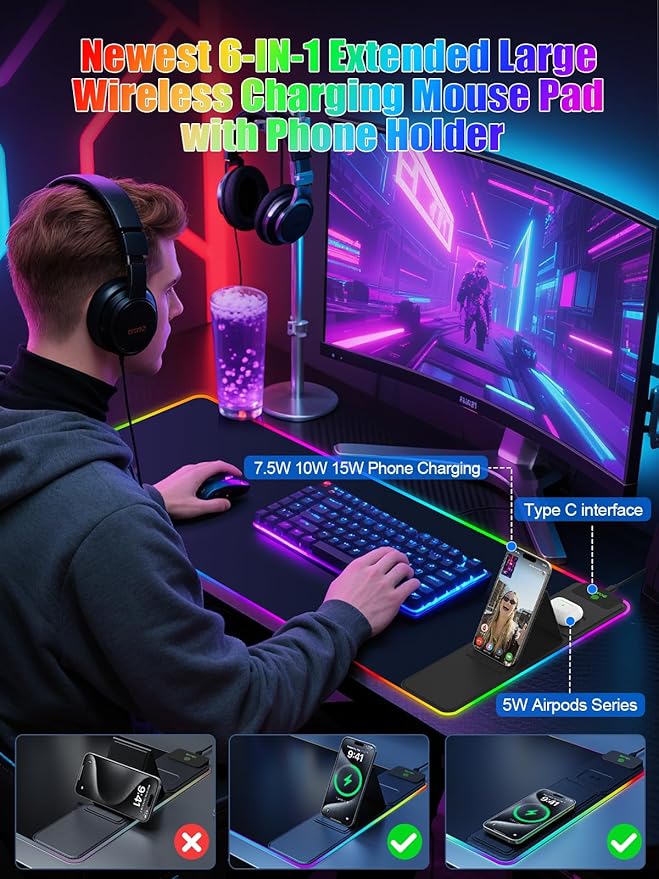 Mouse Pad with Foldable Phone Holder &amp Wireless Charger XXL RGB Gaming Mousepad 31.5x15.8 Large Desk Mat for Keyboard Black Desk Pad with Dual Qi Charging Station | 11 Colors 5 Modes | Waterpr