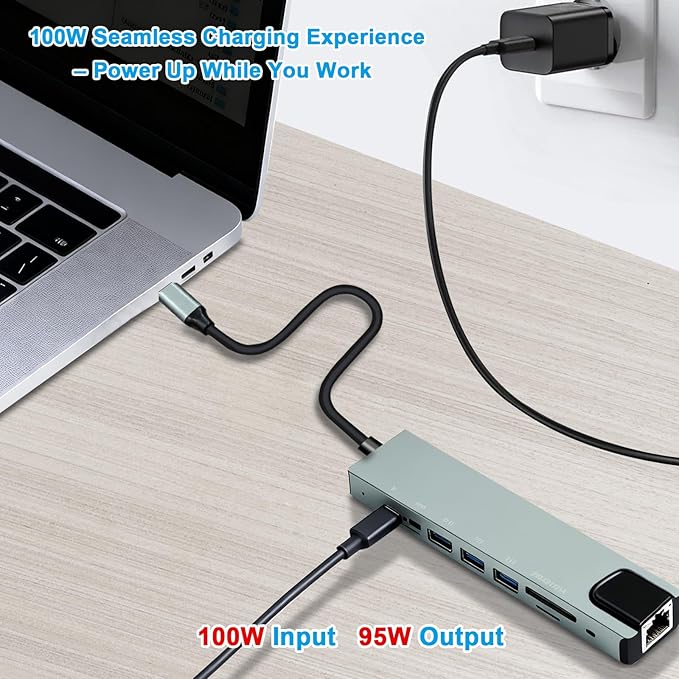 8-in-1 USB-C Hub Multi-Port Adapter for Laptops 4K@60Hz HDMI 85W Power Delivery 3X USB-A 3.0 &amp USB-C Data Ports SD/TF Card Reader for Type-C Devices (Charger Not Included)
