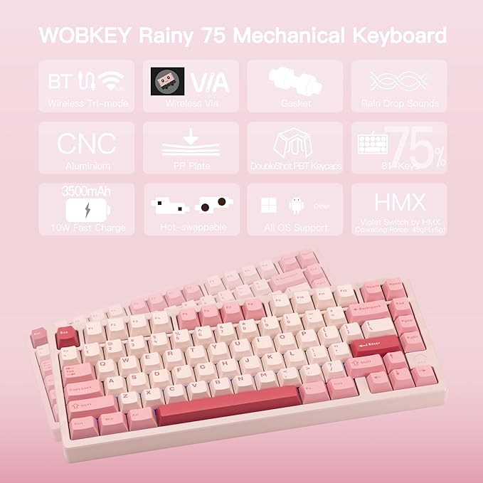 KEEBMONKEY WOBKEY Rainy 75 CNC Aluminum HMX/JWK/Cocoa Switches Triple-Mode Connectivity Mechanical Keyboard with Superior Acoustics RGB/PP/Mirrored Glass/3500mAh/Violet Switch (Standard - Pink)