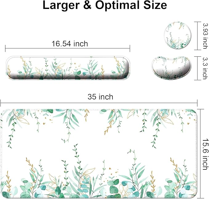 Keyboard Wrist Rest + Mouse Pad with Wrist Support + Desk Mat + Coaster 4 in 1 Set XXL Large Gaming Mousepad Cute Ergonomic Mouse Pads for Desk Computer Laptop Office Decor-Eucalyptus