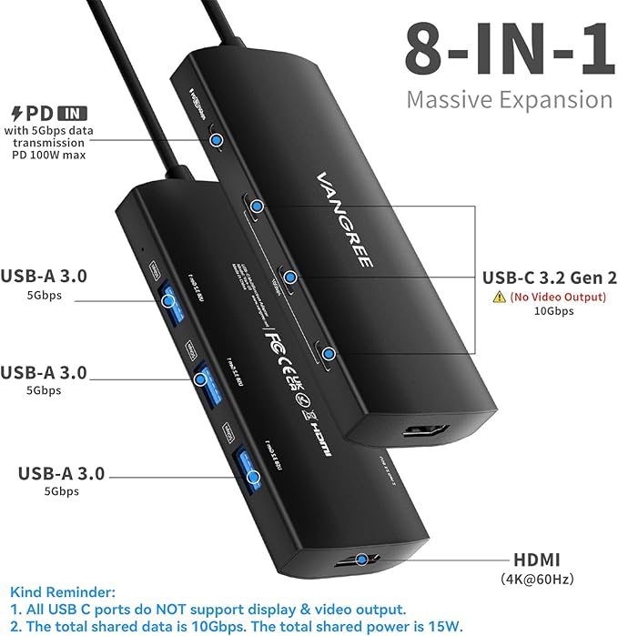 USB C Hub 8 in 1 Multiport Adapter 3 USB 3.2 Gen 2 Ports with 10Gbps 3 USB-A 3.0 5Gbps 4K@60Hz HDMI 100W PD USBC Splitter for MacBook Pro iPad Pro Mac mini and More(Not Support USB-C Monitor)