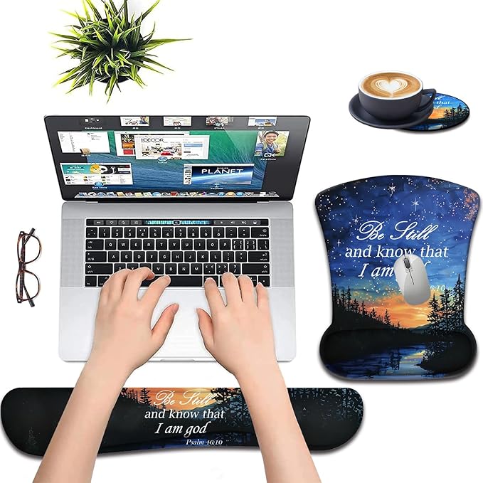 Keyboard Wrist Support + Wrist Mousepad + Coaster Combination Non-Slip PU Base with Gel Memory Mousepad Suitable for Gaming Office Pain Relief Mousepad Set - Starry Sky Bible