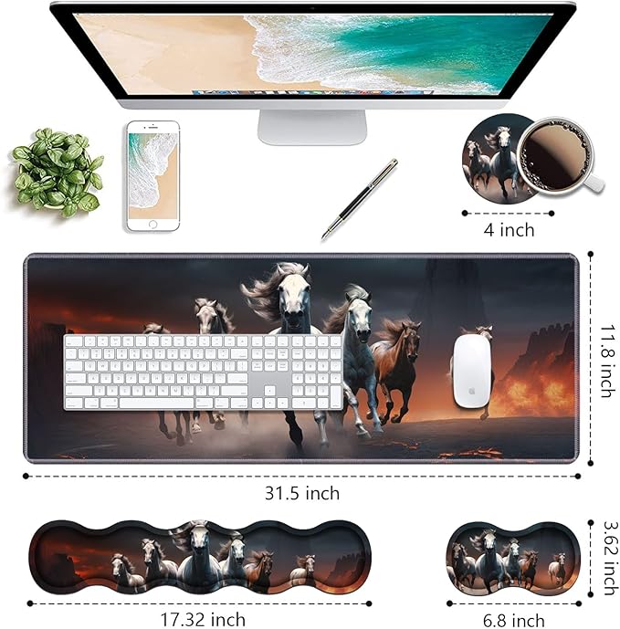 Ergonomic Keyboard Wrist Rest &amp Mouse Pad Wrist Rest Set Large XXL Gaming Desk Mat 31.5x 11.8 with Non-Slip Base Memory Foam Easy Typing Pain Relief for Home &amp Office Running Horses