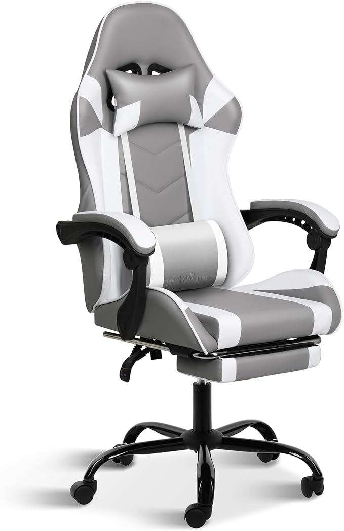 Gaming Chair Ergonomic Computer Chair with Footrest and Lumbar Support Height Adjustable Office Chair with 360° Swivel Seat and Headrest (White)