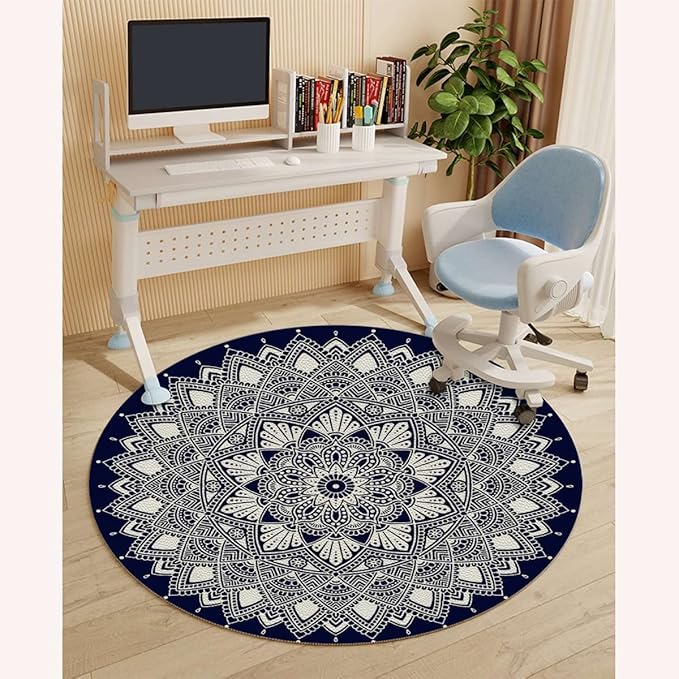 Blue Indigo PU Leather Office Chair Mat for Hardwood Floor Mandala Exotic Floral Ornament Round Round Floor Mats for Office Chair Desk Chair Anti Slip Floor Protector for Rolling Chair Diameter 59 in