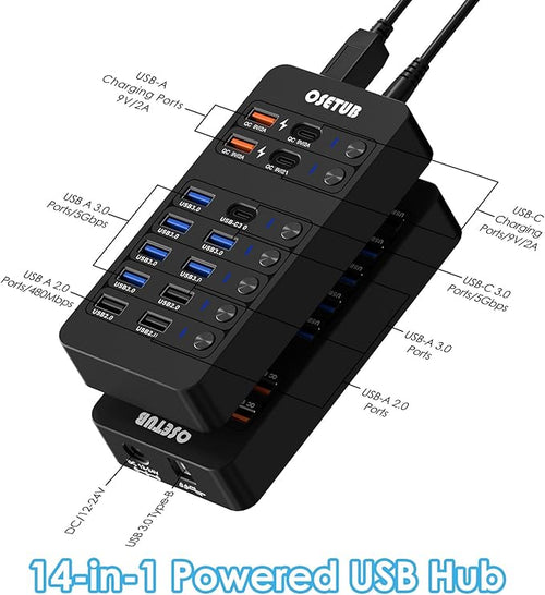 14-in-1 Powered USB Hub USB Data Hub w LED Individual On/Off Switches for MacBook/PC/Steam Deck &amp External HDDs 6 USB 3.03 USB 2.02 USB-A/C Charging1 USB-C 3.01x PD 60W1x Type-B for HDD Doc