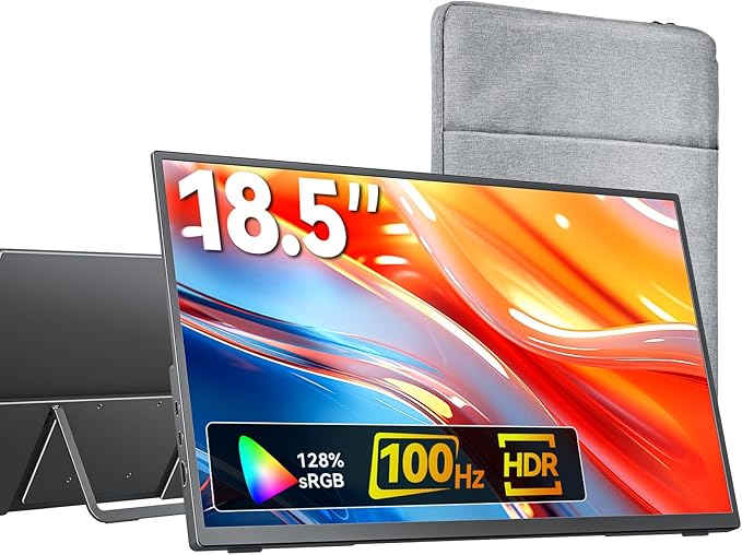 Portable Monitor 18.5 inch 1080P FHD 128% sRGB 100Hz Travel Monitor for Laptop MacBook Surface PC Xbox PS5 HDMI USB-C VESA Compatible Built-in Speaker