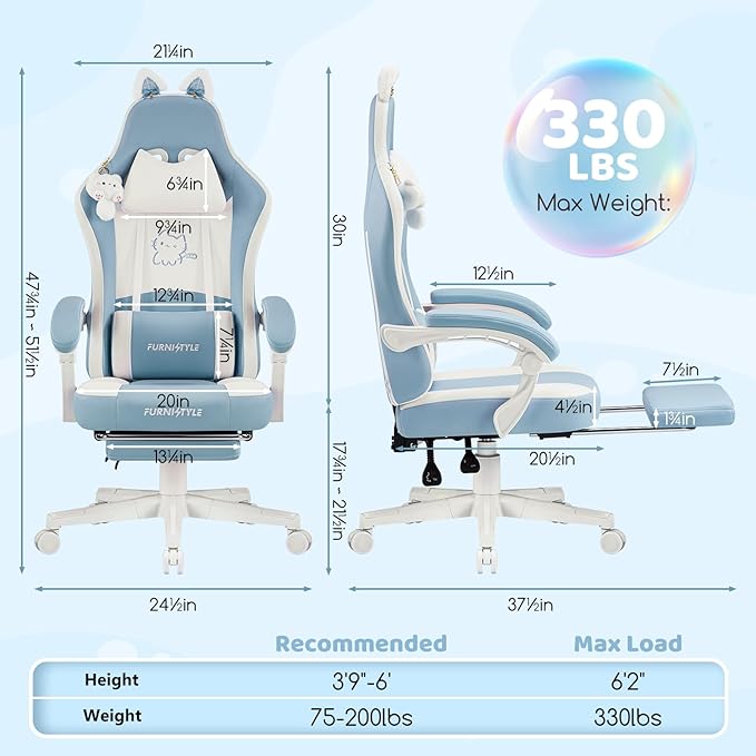 Gaming Chairs Comfy Video Game Chair for Adults with Cat Ears Pocket Spring Cushion Massage Lumbar Support &amp Headrest Ringing Accessories Cute Leather Ergonomic Computer Chair for Girls Blue/Wh