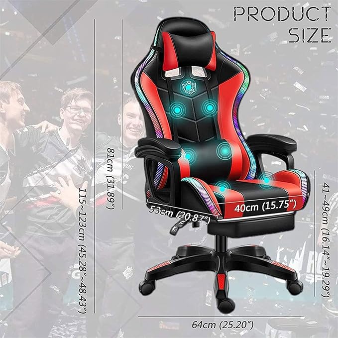 Video Gaming Chairs with LED Light Ergonomic Gaming Chair with Massage Lumbar Support and Bluetooth Speakers Computer Chair with Retractible Footrest and Backrest AdjustablePink