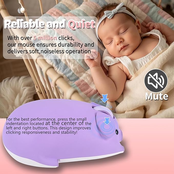 Cute Pig Design Wireless Mouse - Dual Mode Bluetooth &amp USB Silent Operation Ergonomic Ideal for Laptops &amp PCs for Animal Lovers and Family (Purple)