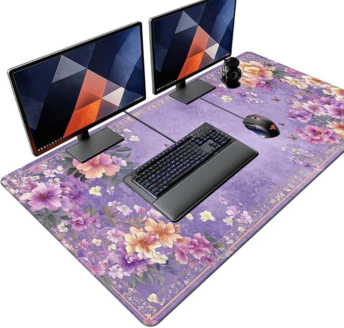 Extra Large Floral Mouse Pad‌ 48 x 24 - Beautiful Flower &amp Butterfly Design XXXL Desk Mat with Non-Slip Base Violet Mousepad Comfortable Keyboard Mat for Gaming &amp Work
