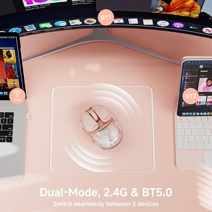 EWEADN Q9 Wireless Clear Mouse Dual Mode Bluetooth &amp 2.4G USB Computer Mouse with RGB Lighting Silent Clicks Multi-Device Compatibility for Laptop PC MacBook iPad Cute Mouses-Gradient