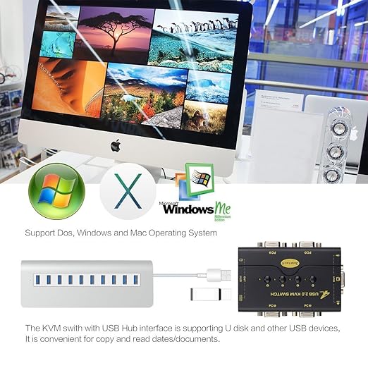 4 Port VGA KVM Switch with USB Hub and Audio Support Wireless Keyboard Mouse Connection and Push Button Switching Function