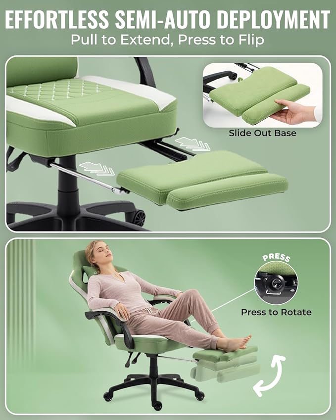 Dowinx Gaming Chair Breathable Fabric Game Chair with Gel Pad and Storage Bag Comfortable Gamer Chair with Pocket Spring CushionErgonomic Computer Chair with FootrestGreen and White