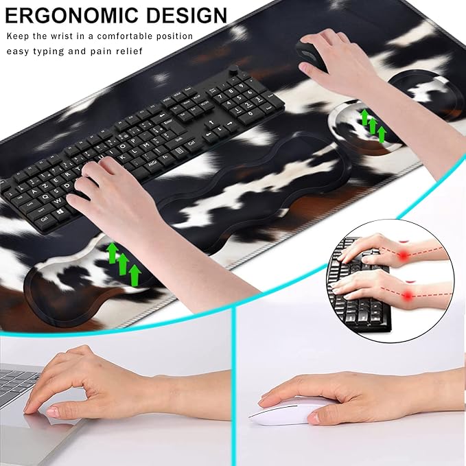 Keyboard Wrist Rest and Mouse Pad with Wrist Support Set Ergonomic CoasterMemory FoamEasy Typing Pain ReliefLarge XL Desk Mat 31.5x 11.8Cute Cowhide Brown Black Cow