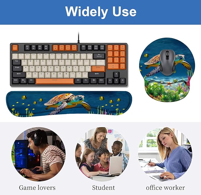 Keyboard Wrist Rest + Mouse Pad Wrist Support Set with Coasters Non-Slip PU Base Ergonomic Mousepad for Home Office Working Studying Easy Typing &amp Pain Relief Sea Turtle