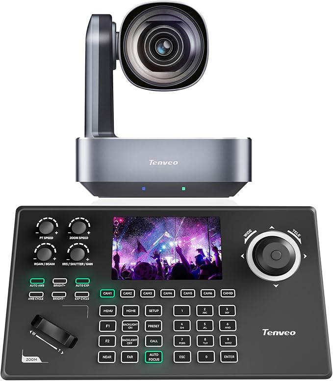 Tenveo 4K PTZ Camera and Controller Bundle/Kits 12X AI Tracking HDMI/USB/LAN(PoE) 4K PTZ Camera with NDI PTZ Controller 5-Inch LCD 4D Joystick for Church Live Streaming Conference