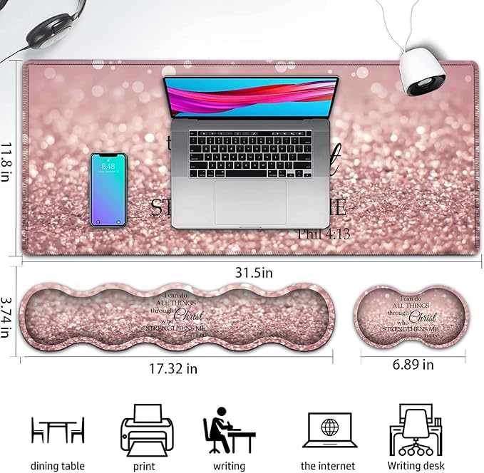 Pink Gaming Mouse PadLarge Mouse Pad with Stitched EdgeNon-Slip Base Office Desk Pad Ergonomic Keyboard Wrist Rest SetWaterproof Writing Pad Philippians 4：13 Bible Verse Extended XXL Desk Mat
