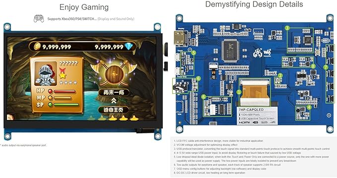 waveshare 7inch QLED Quantum Dot Display 1024×600 Resolution Compatible with Raspberry Pi 5/4B/3B+/3A+/2B/B+/A+/Zero/Zero W/WH/Zero 2W CM3+/4 Supports Windows