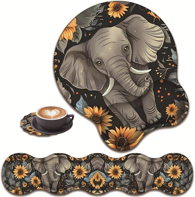 3 in 1 Keyboard Wrist Rest + Mouse Pad and Coaster Ergonomic Gel Mouse Pad and Keyboard Pad Set Comfortable Lightweight for Easy Typing Pain Relie Baby Elephant and Sunflower