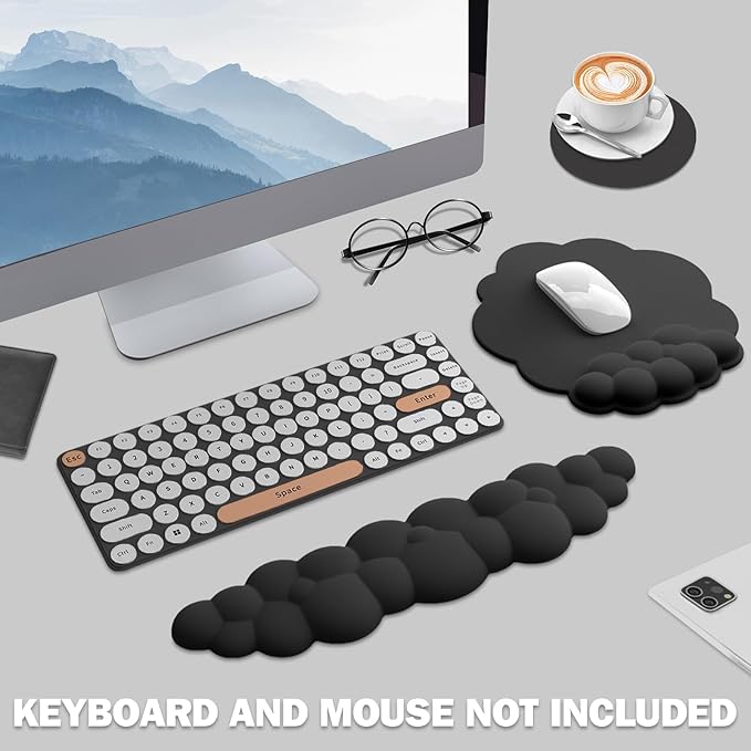 Cloud Keyboard Wrist Rest and Mouse Pad with Wrist Support Set Ergonomic PU Leather Mouse Pads Pain Relief Memory Foam Non-Slip Mousepad for ComputerLaptop Black