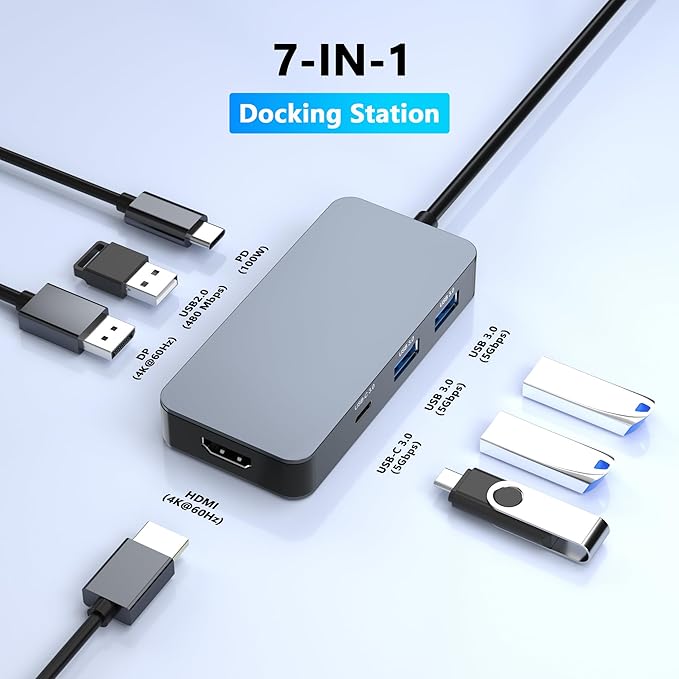 4K@60Hz HDMI Display Port USB C Docking Station Dual Monitor for Dell/HP/Mac Laptop 7 in 1 USB C to HDMI and Displayport Multiport Adapter with USB3.0/USB-C Data/PD Dual Monitor Docking Station