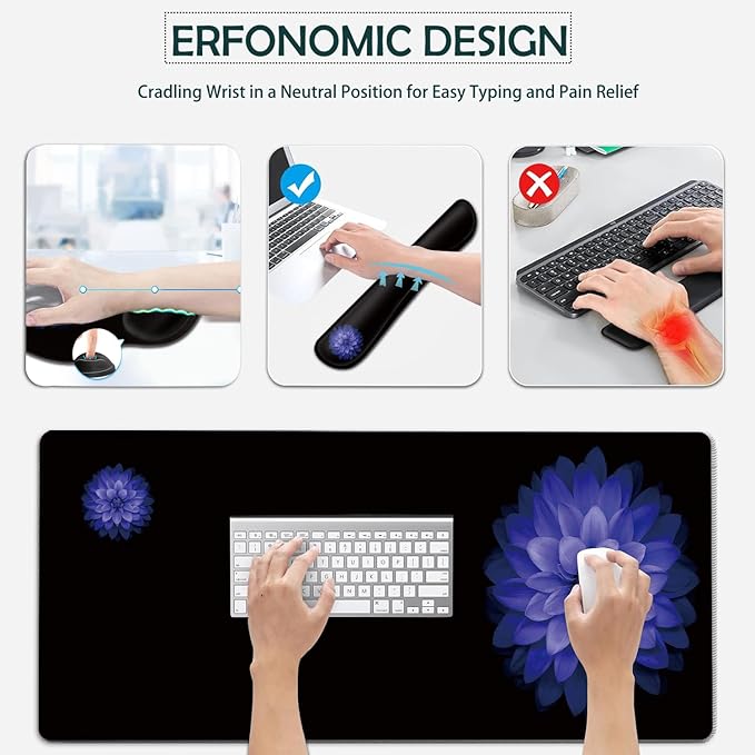 Large Mouse Pad Ergonomic Mouse Pad with Wrist Rest and Keyboard Wrist Rest 4 in 1 Set 31.5 x11.8 inch Extended Desk Pad for Home Office Watercolor Purple Flowers Pattern Black xxl Gaming Mouse Mat