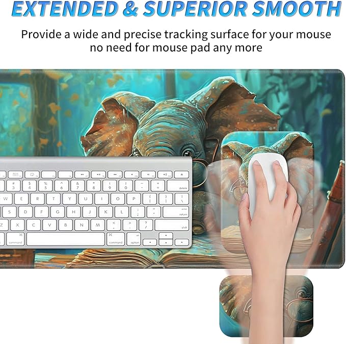 Wrist Rest Pad Small Mouse Pad and Office Desk Mat Set 3 in 1 Desk Pad 11.8 x 23.6+Mousepad +Mouse Wrist Rest with Ergonomic Design Non-Slip for Home Gaming Computer Elephant