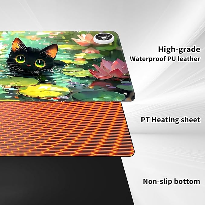 Warm Desk PadHeated Desk PadOffice Mat3 Heating Levels &amp 3 Hours Auto Shut-Off31.5*13 Gaming Mouse Laptop Keyboard Leather Desk MatCartoon Lotus Cat