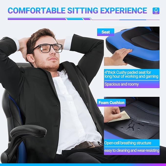 Yapamar Gaming ChairPU Leather Ergonomic Office Chair Swivel Computer Gaming Chair with Lumbar Support - Blue